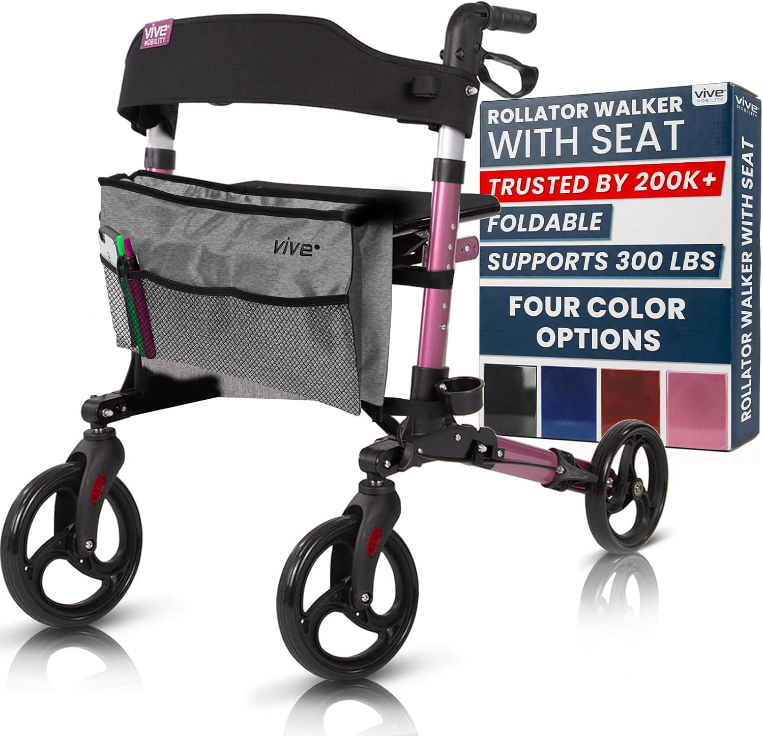 Vive Mobility Rollator Walker - Folding 4 Wheel Medical Rolling Walker with Seat & Bag - Mobility Aid for Adult, Senior, Elderly & Handicap - Aluminum Transport Chair (Pink)