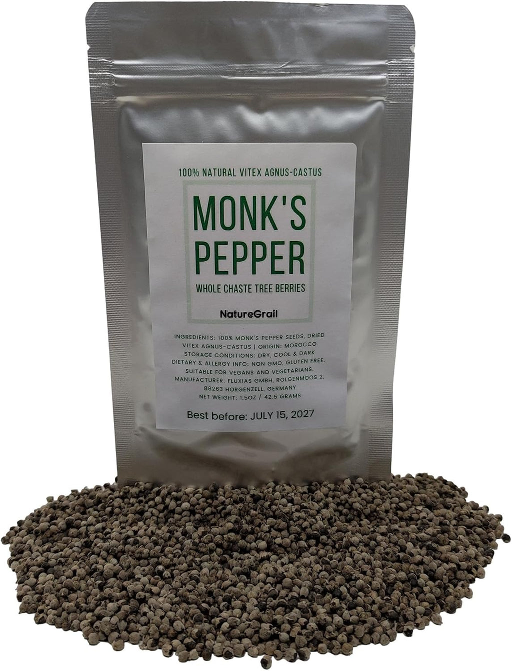 Monk's Pepper, Whole Chaste Tree Berries, Made from 100% Vitex Agnus-castus, Whole Berries - Net weight: 1.5oz/42.5g