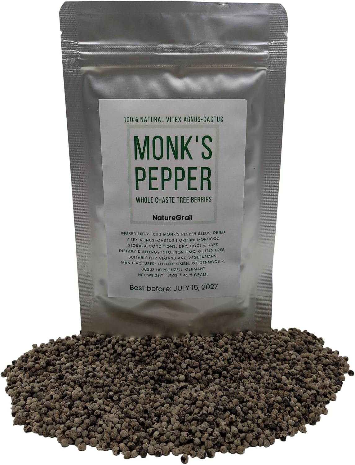 Monk's Pepper, Whole Chaste Tree Berries, Made from 100% Vitex Agnus-castus, Whole Berries - Net weight: 1.5oz/42.5g