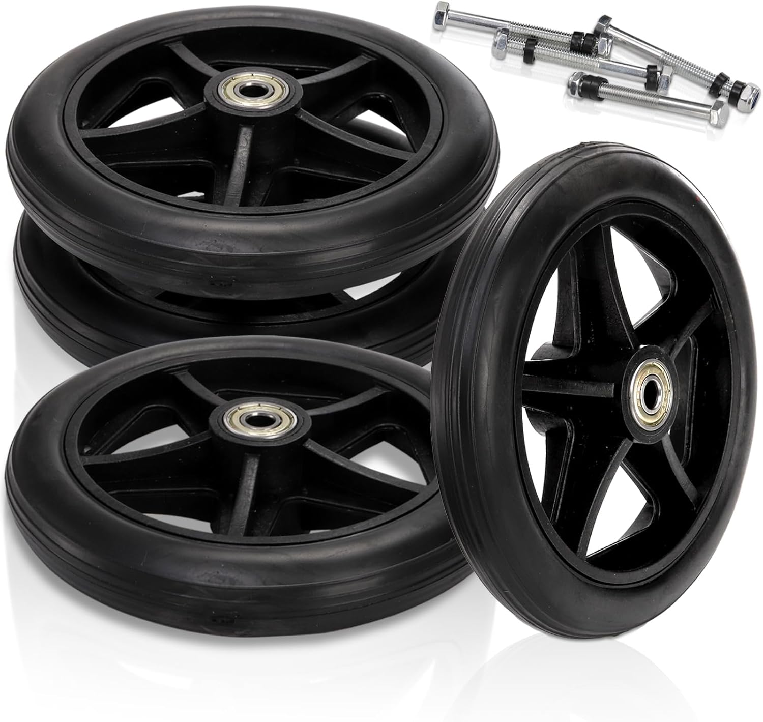 Covzoe 4 Pack 6 Inch Wheelchair Wheels Replacement, Anti Slip Solid Walker Wheels with 4 Axles, Heavy Duty Caster Roller Wheel Wheelchair Front Wheel Accessories, Safe Rolling for Most Floors, Black
