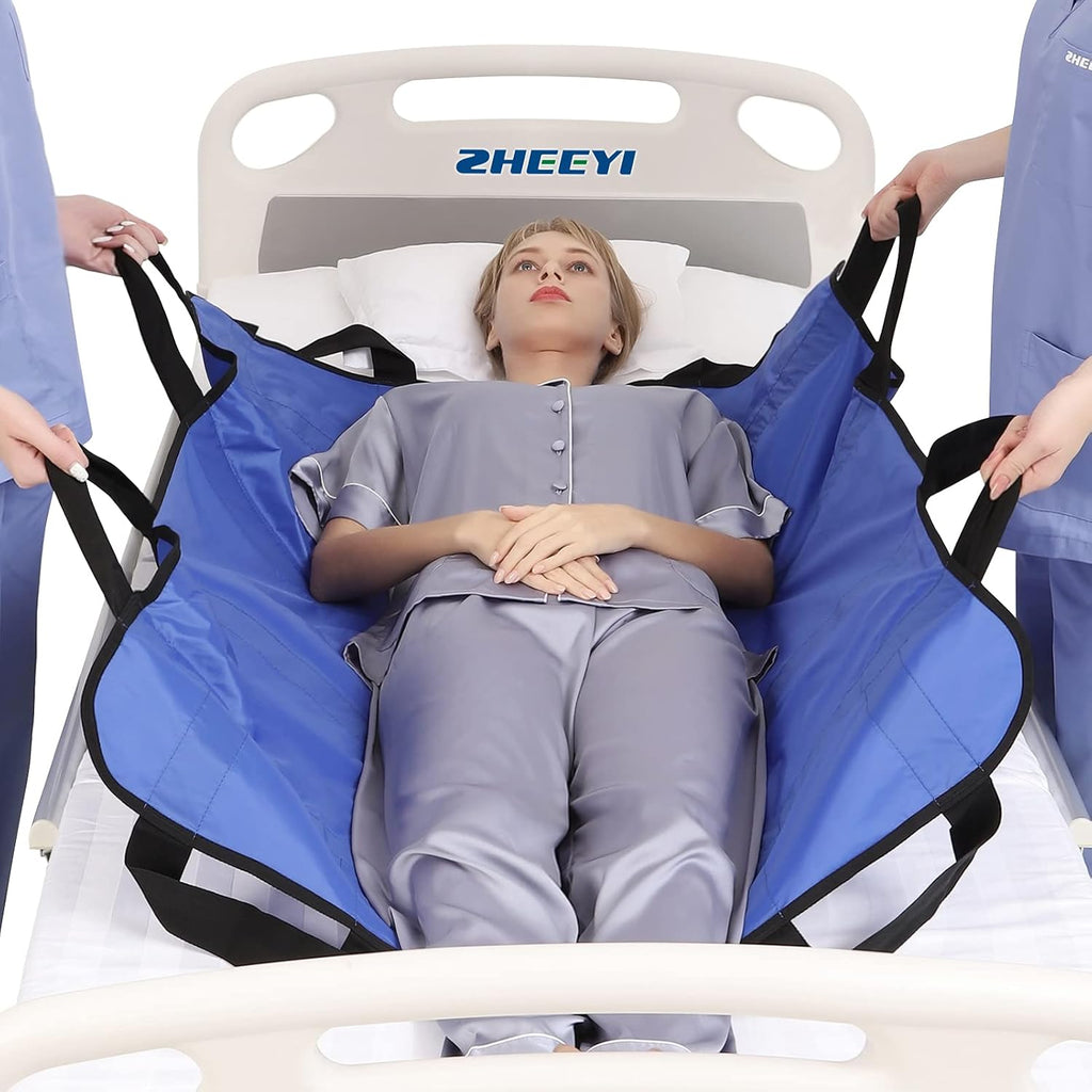 Positioning Bed Pad with Reinforced Handles 43" x 36" Patient Transfer Sheet Aid Assistant for Body Lifting, Turning, Repositioning, for Elderly, Incontinence, Caregiver, Blue