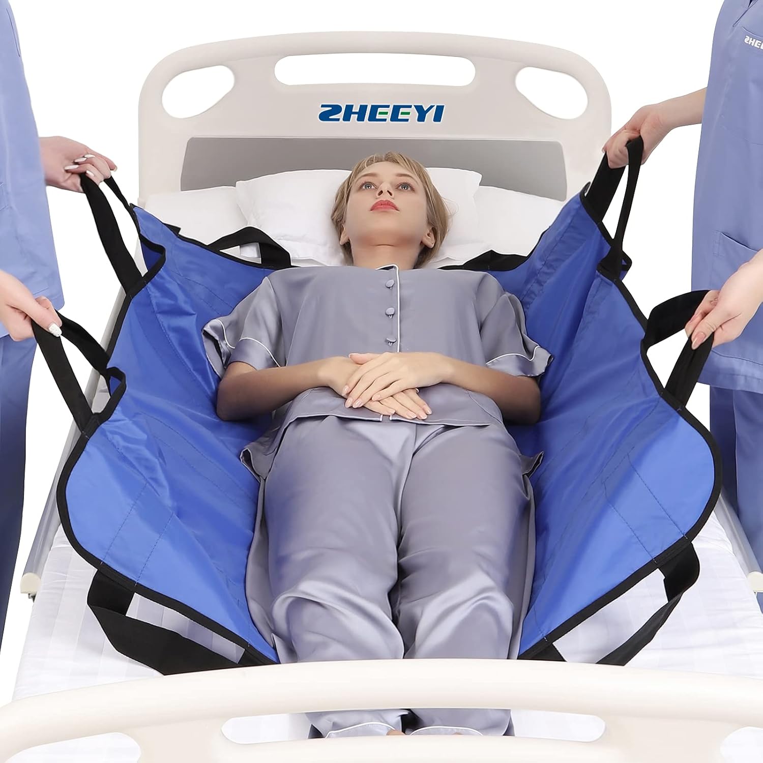 Positioning Bed Pad with Reinforced Handles 43" x 36" Patient Transfer Sheet Aid Assistant for Body Lifting, Turning, Repositioning, for Elderly, Incontinence, Caregiver, Blue