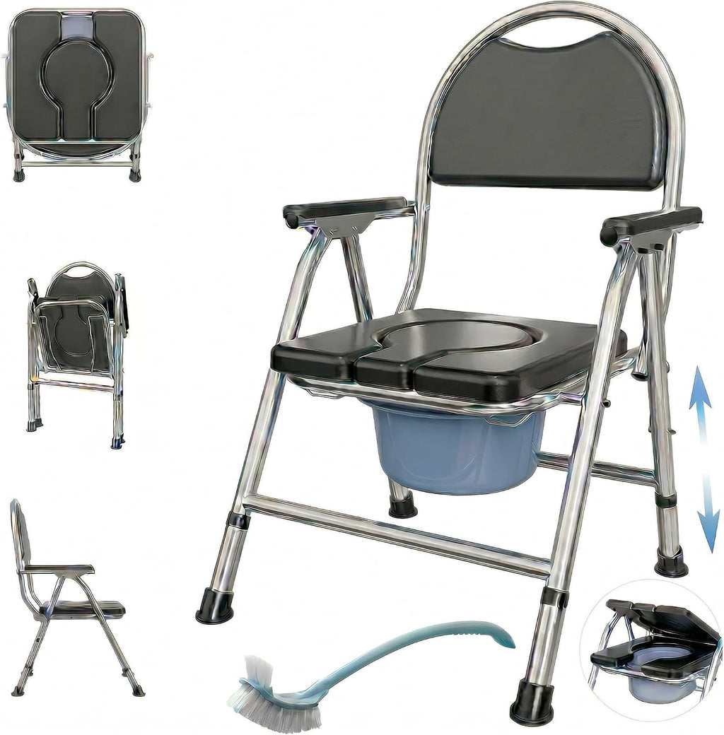KUYRA 4-in-1 Bedside Commode Chair for Seniors, Folding Adjustable Height Portable Toilet with Arms & Backrest, Removable Bucket, Raised Toilet Seat, Disabled, Pregnant PU Soft Seat (Holds 350 lbs)