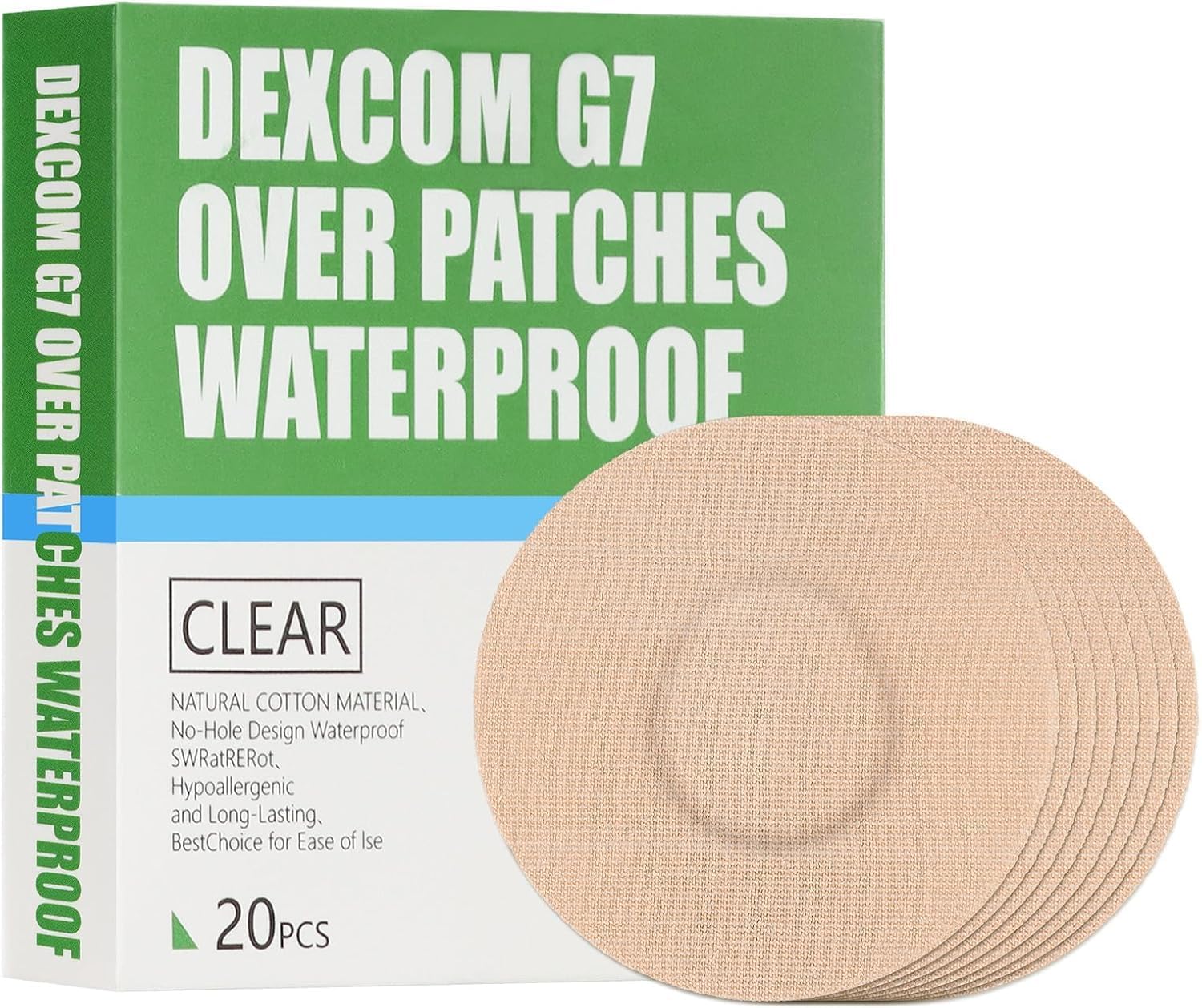 20 Pack,Over Patches Waterproof for Dexcom g7,CGM Sensor Patches| Non-Glue Central, Full Coverage, Latex-Free, Hypoallergenic& Breathable | Easy to Remove Without Leaving Any Marks (Tan, 3.15 in)