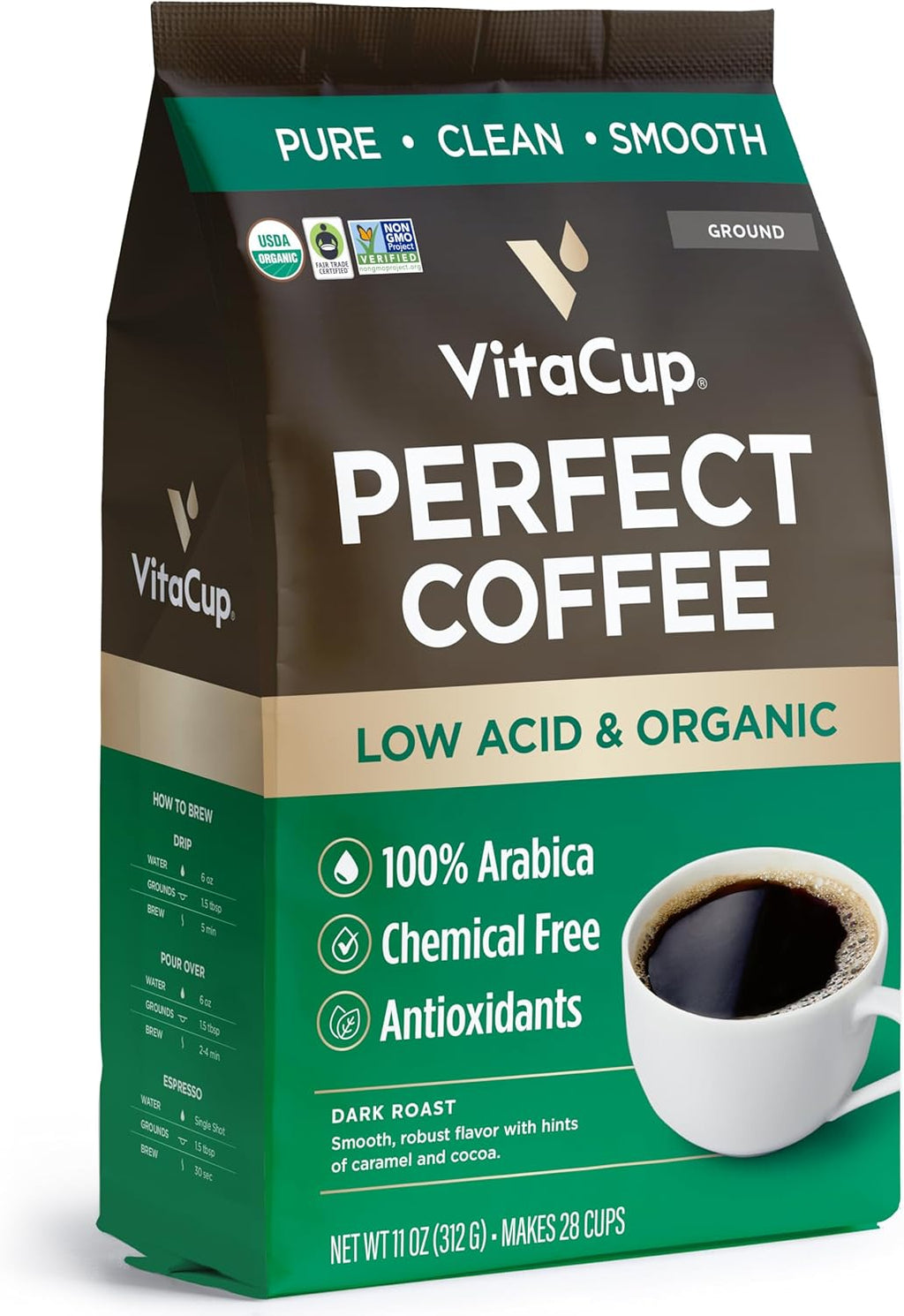 VitaCup Perfect Low Acid Coffee Ground, USDA Organic & Fair Trade, Mycotoxin Free, Dark Roast Guatemala Single Origin, Clean & Pure for Drip Coffee Brewers and French Press, 11 ounces