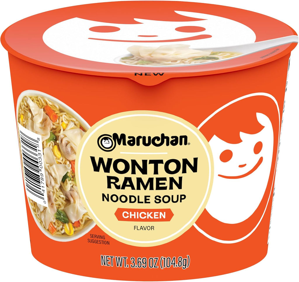 Maruchan Wonton Ramen Bowl, Chicken Flavor – Japanese-Style Instant Noodle Soup, Microwaveable Easy Meal – 3.69 Oz. (6 Pack)