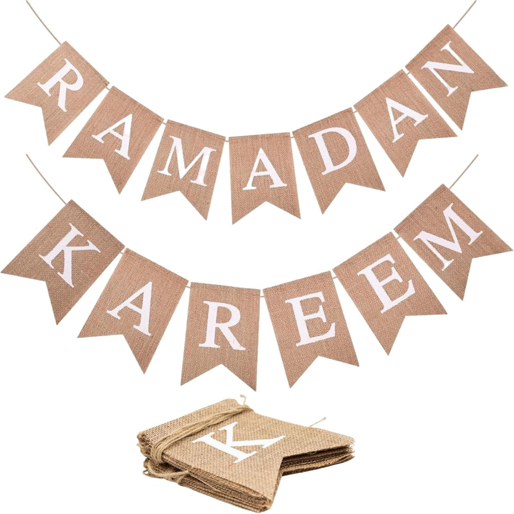 Pre-Strung Ramadan Kareem Burlap Banner Islamic Themed Ramadan Mubarak Banner Muslim Eid Mubarak Festival Hanging Decor for Indoor Outdoor Fireplace Wall Window Party Festival Celebration Decorations No DIY