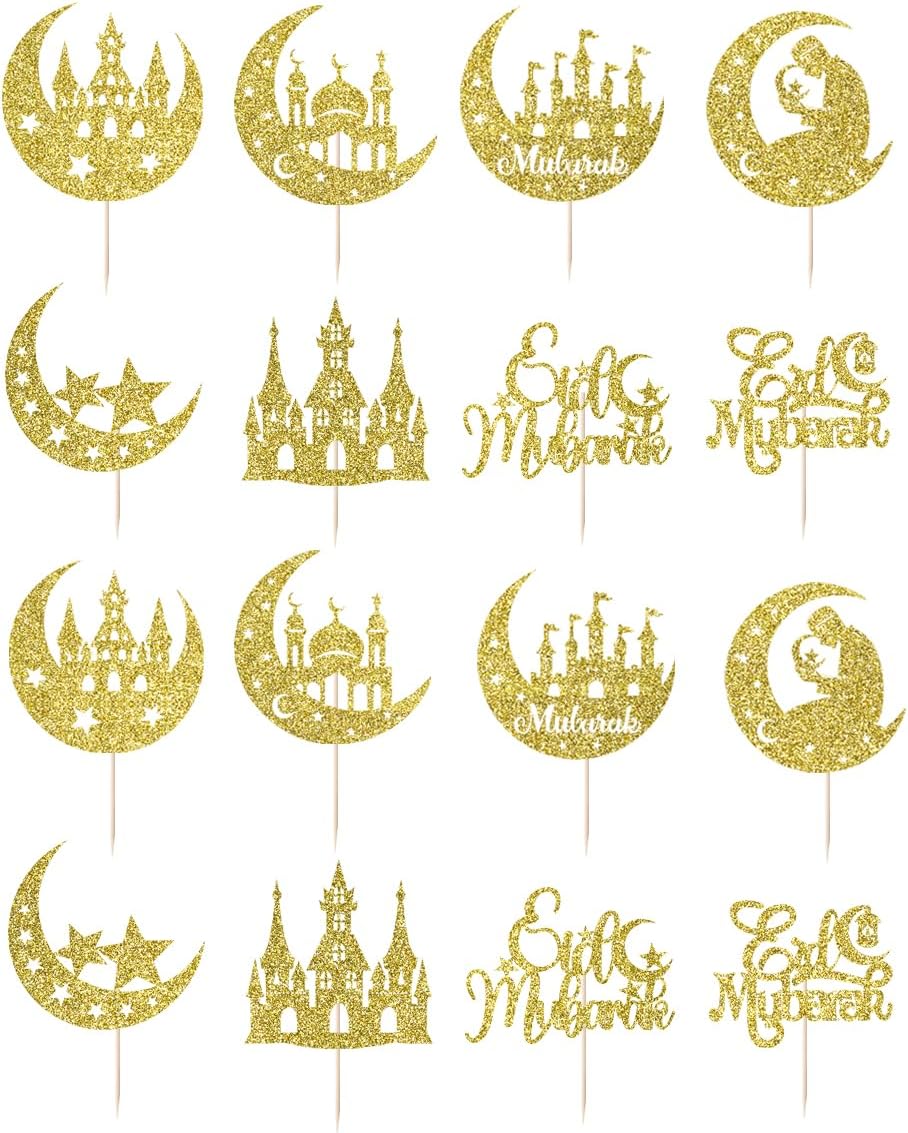 24 Pcs Eid Mubarak Cupcake Toppers,8 Patterns Glitter Moon Star Ramadan Cupcake Picks Happy Ramadan Cake Decorations,Ramadan Mubarak,Umrah Mubarak,Muslim Islam Eid Festival Party Decorations