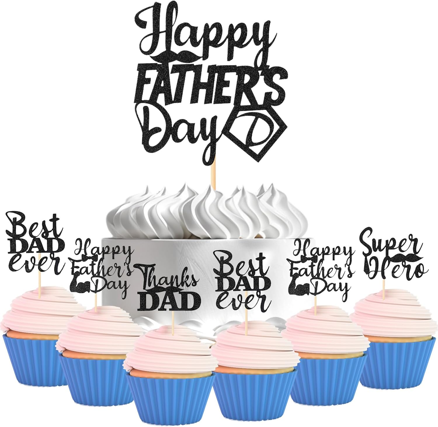 Happy Fathers Day Cupcake Topper – Best Dad Ever Glitter Cake Decorations for Father’s Day Party Supplies, Fathers Day Toppers for Cupcakes, Cakes, Desserts – Reusable, Personalized Gift for Dad