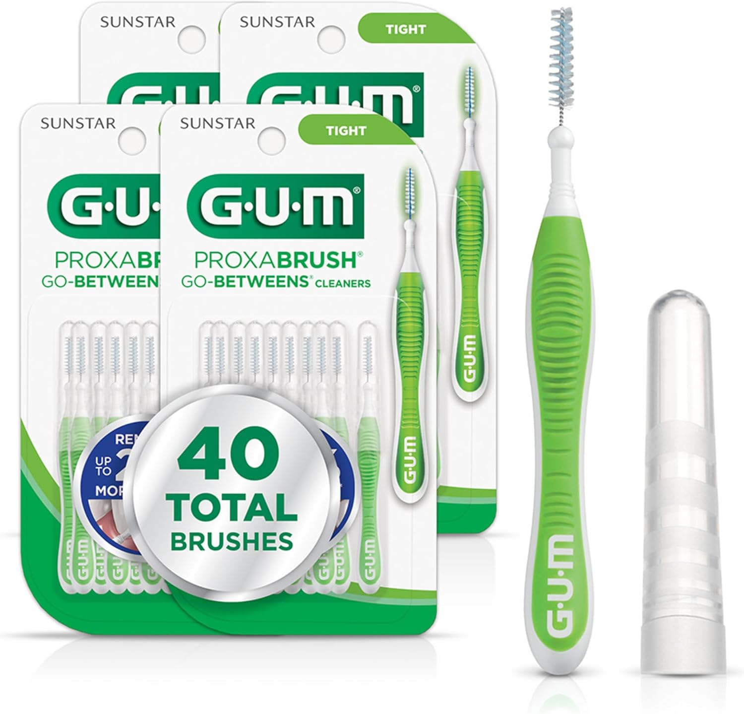 GUM Proxabrush Go-Betweens - Tight - Interdental Brushes - Soft Bristled Dental Picks for Plaque Removal Health - Safe for Braces & Dental Devices, 10 Count (Pack of 4) 40 Total