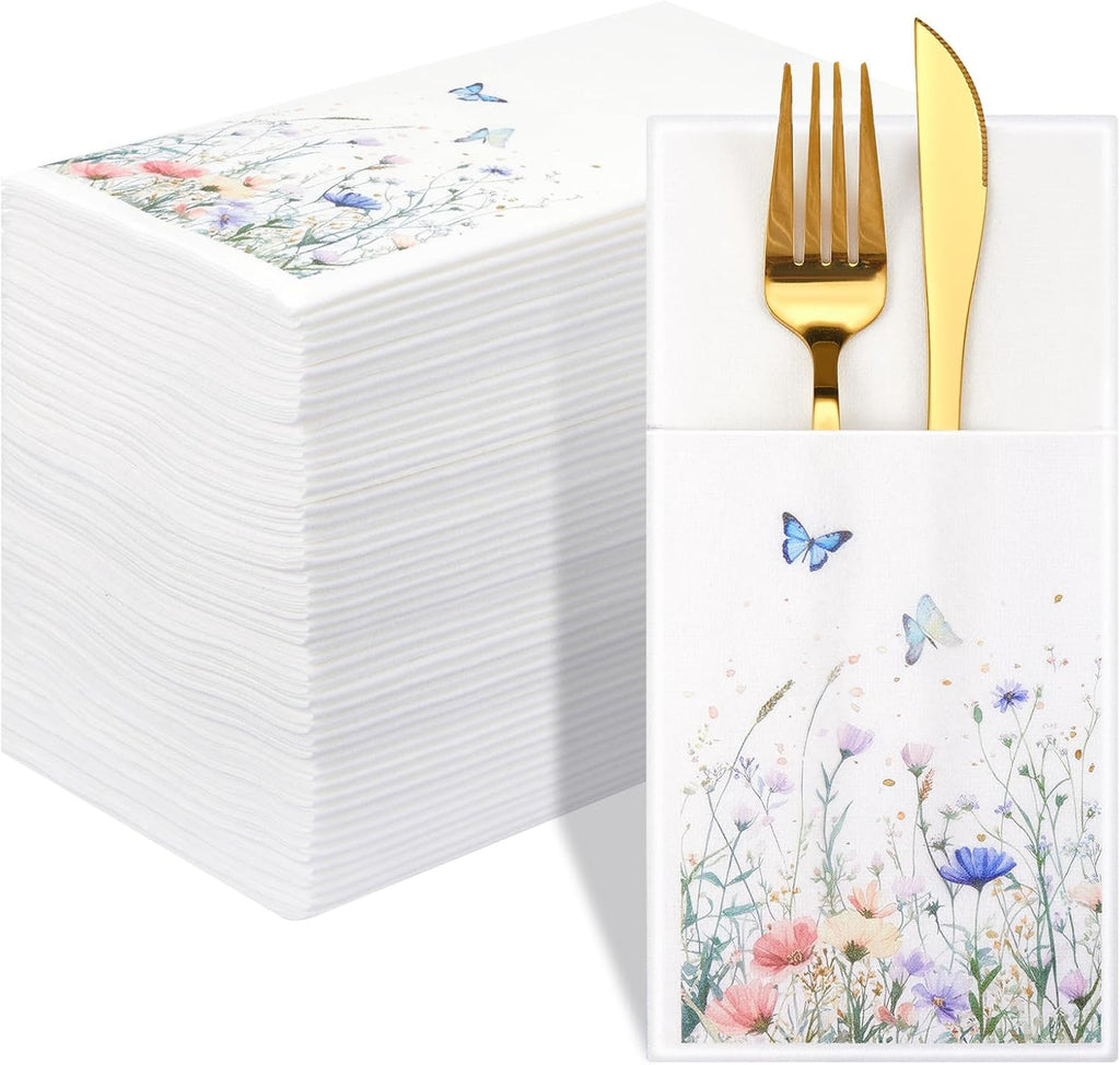 50 Pack Floral Napkins with Built-in Flatware Pocket, Guest Disposable Wild Flower Hand Towels Dinner Napkins for Wedding Birthday Party Baby Shower