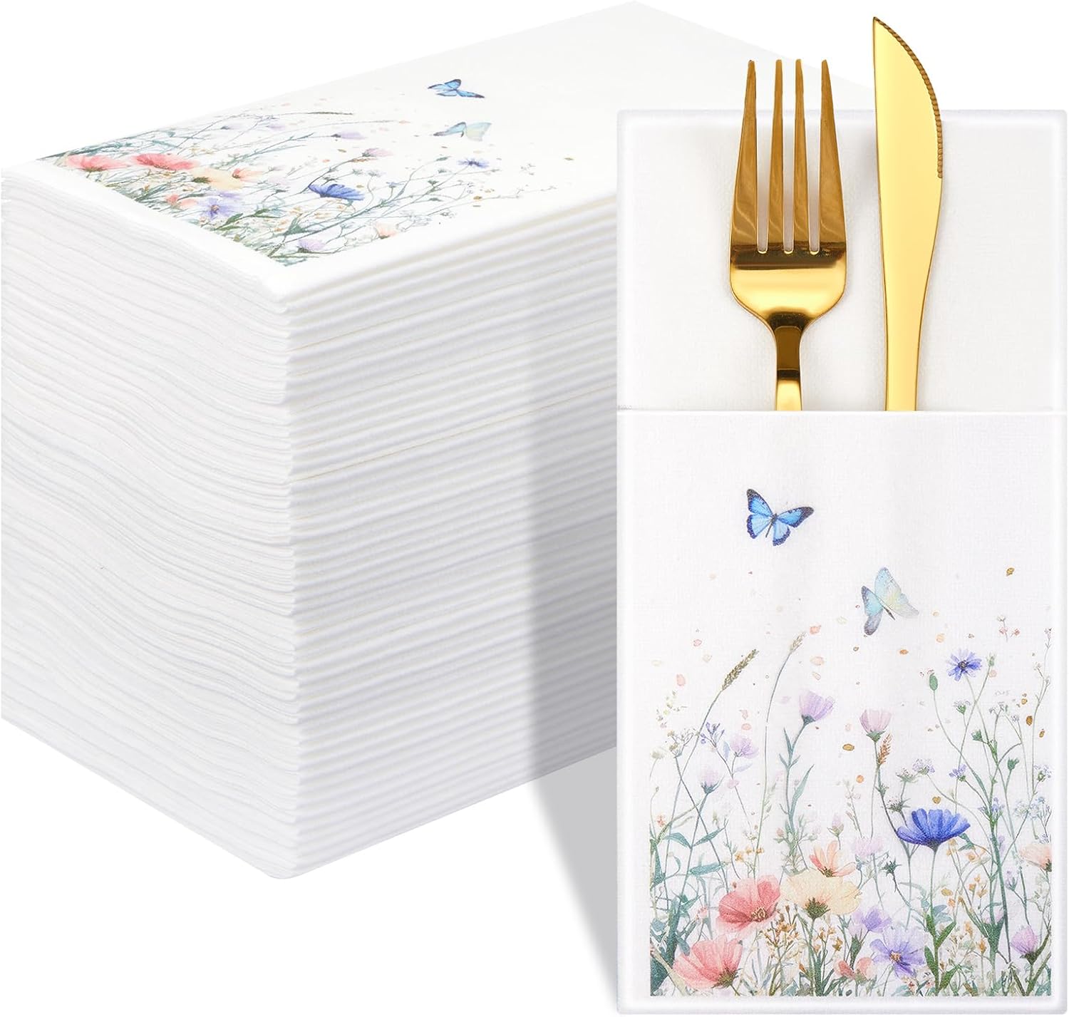 50 Pack Floral Napkins with Built-in Flatware Pocket, Guest Disposable Wild Flower Hand Towels Dinner Napkins for Wedding Birthday Party Baby Shower