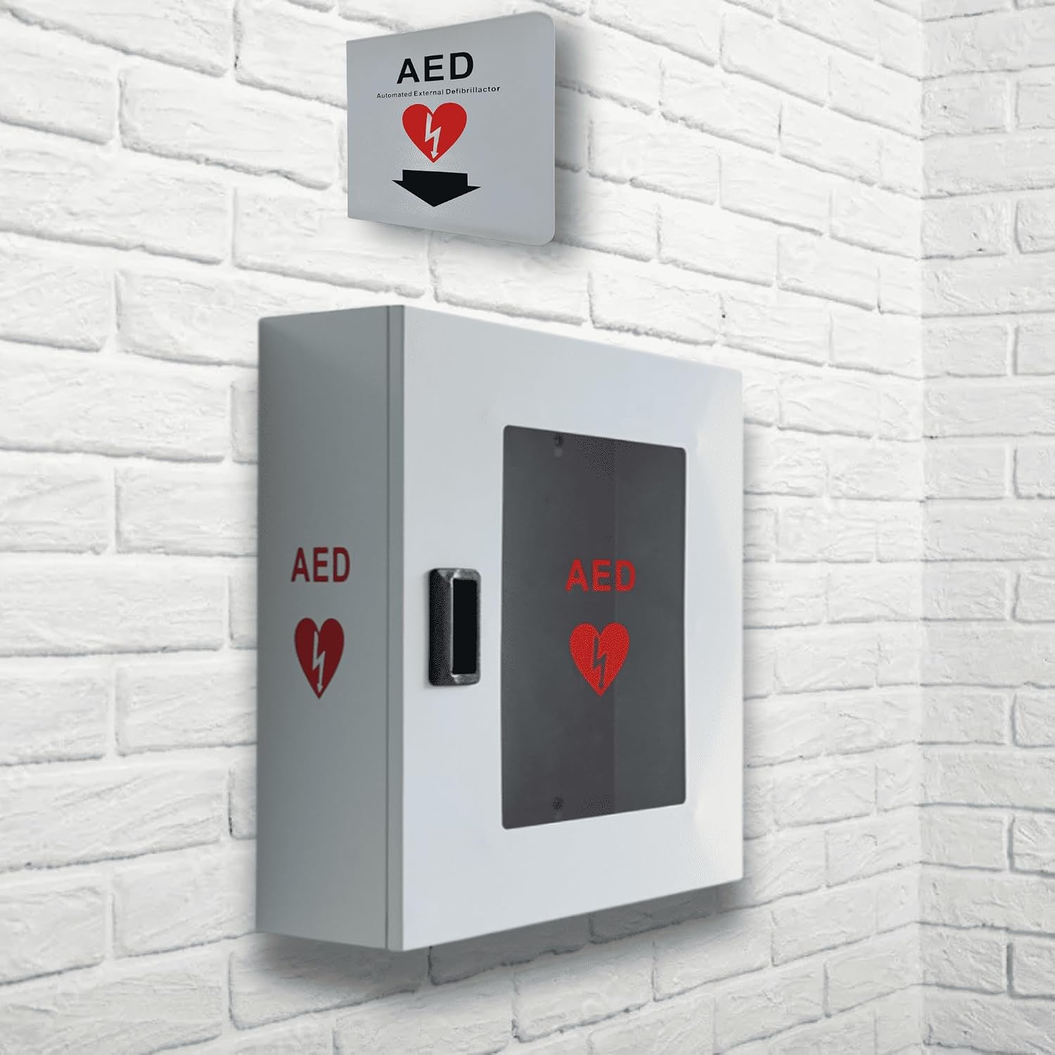 ISOP AED Storage - AED Cabinet Gray + Sign | Wall-Mounted Box | Aluminium Outdoor Indoor Defribillator Cabinet - Survival Kit | Emergency Equipment | Wall Mounted Rescue Equipment | Caja para DAE