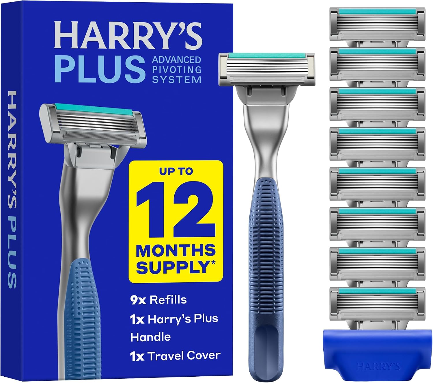 Harry's Plus Razor Value Pack - Premium Handle and 9 Razor Blade Cartridges - Advanced Pivoting System - Shaving Kit for Men - Tide
