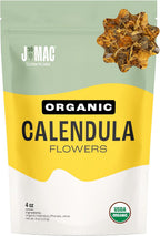 J Mac Botanicals, Organic Calendula Flower (4 ounce), whole dried flowers and petals, loose leaf tea, marigold flower, USDA Certified Organic. Great for loose leaf teas, cocktail bombs, salve