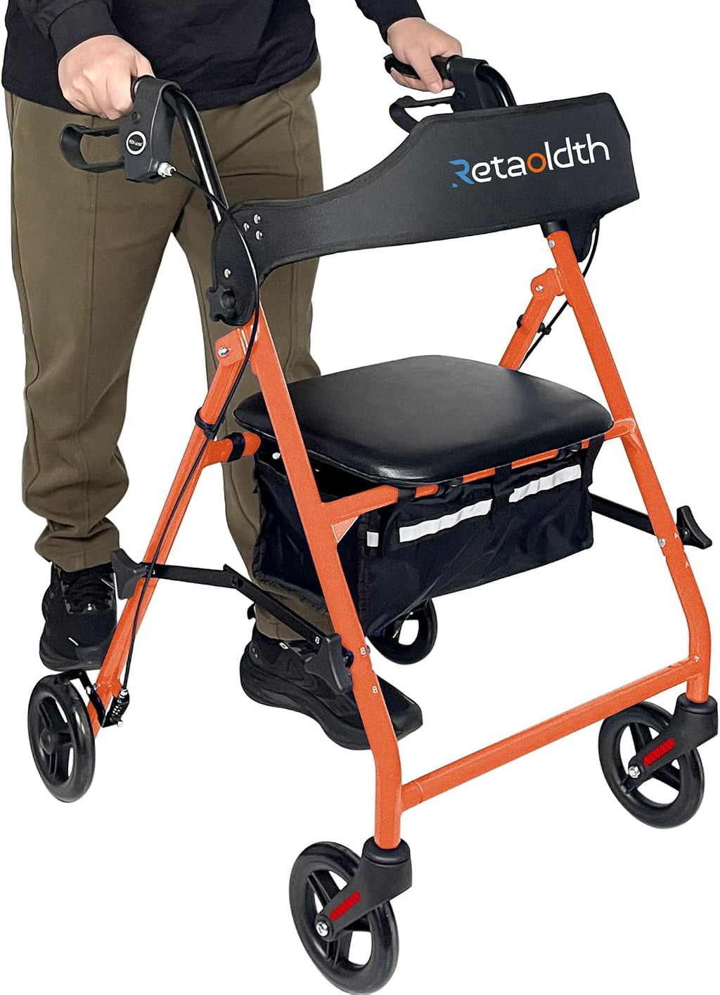 Foldable Rollator Walker with Seat for Seniors, Easy Folding & One-Hand Carry, Walkers for Seniors-All-Terrain Wheels, Height Adjustable Lightweight Rolling Walker for Elderly, Orange