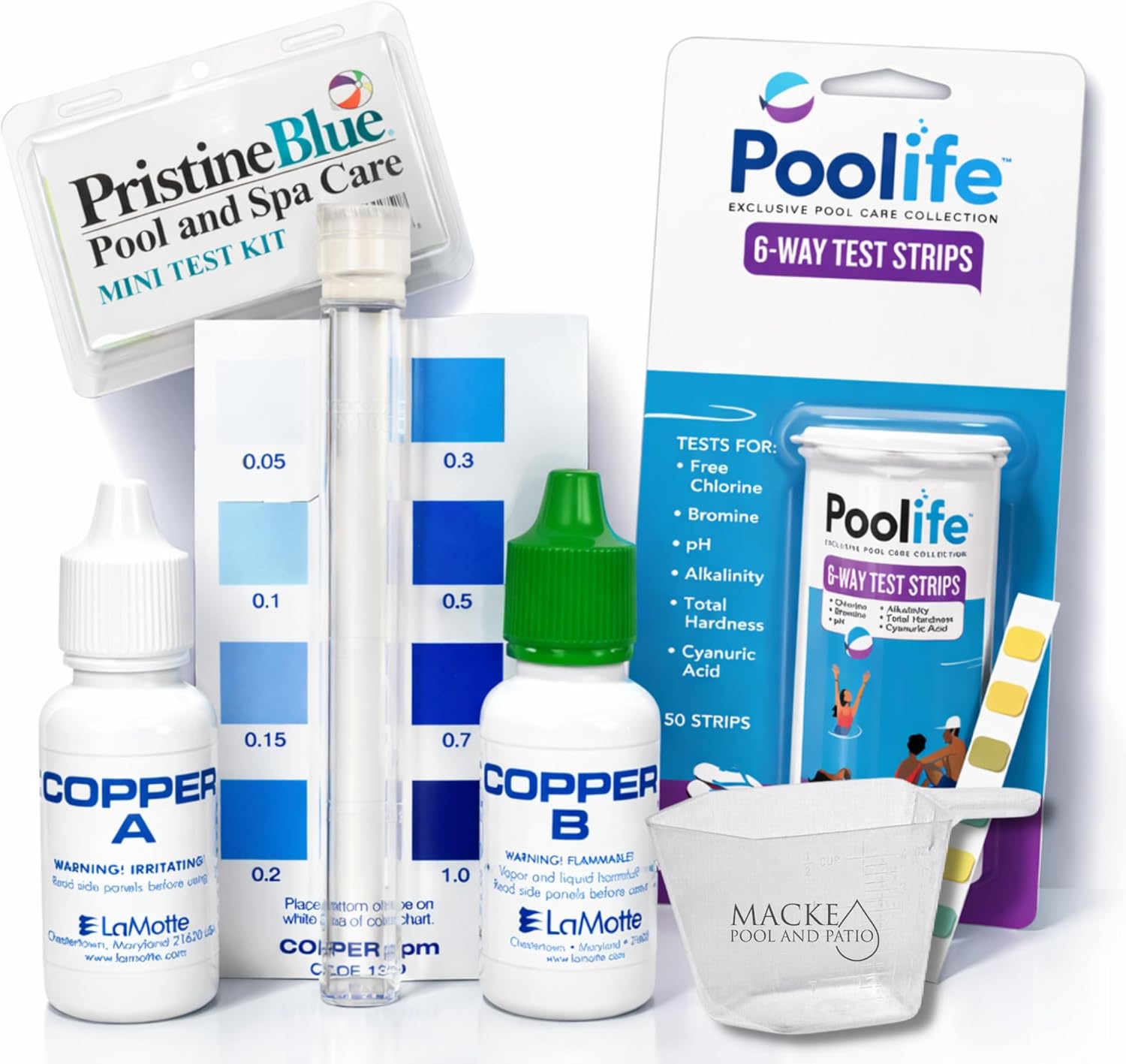 Pristine Blue Mini Test Kit & Poolife Test Strips Bundle - Copper, pH, Alkalinity, Free Chlorine, Bromine, Total Hardness - 1 Kit