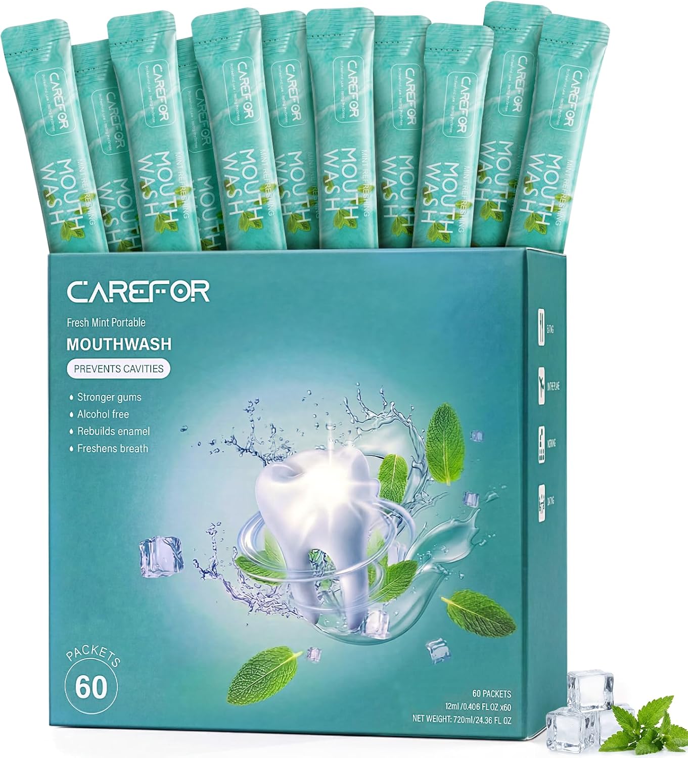 Mouthwash Travel Size Portable 60 Individual Disposable Packets to Go, Alcohol & Fluoride Free Fresh Mint Mouthwash Strips for Superior Oral Hygiene (Pack of 60)