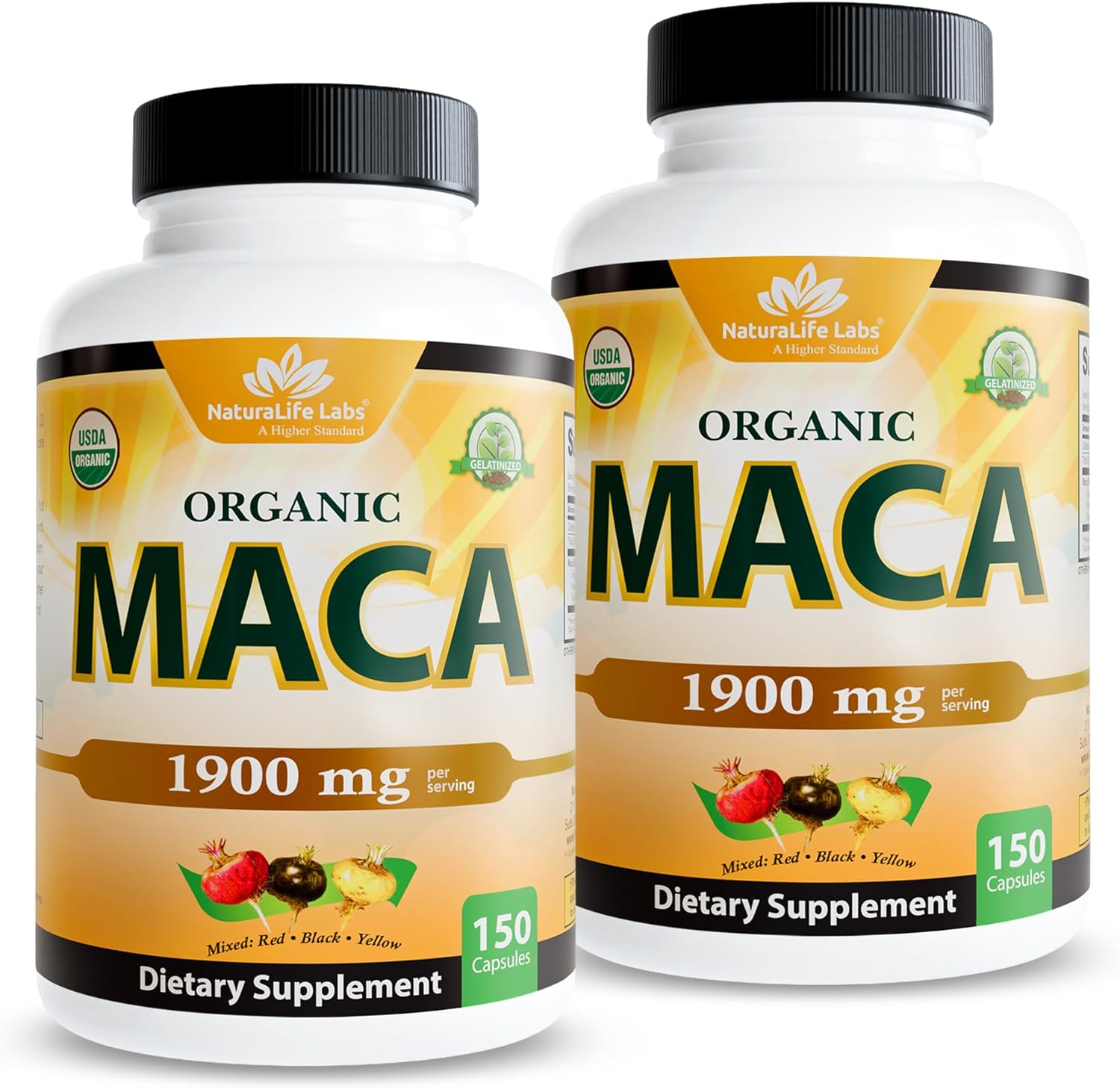 NaturaLife Labs Organic Maca Root – Black, Red & Yellow – 1900 mg per Serving – 150 Capsules – Gelatinized Peruvian Maca – Non-GMO, Gluten-Free, Vegan (2 Pack)