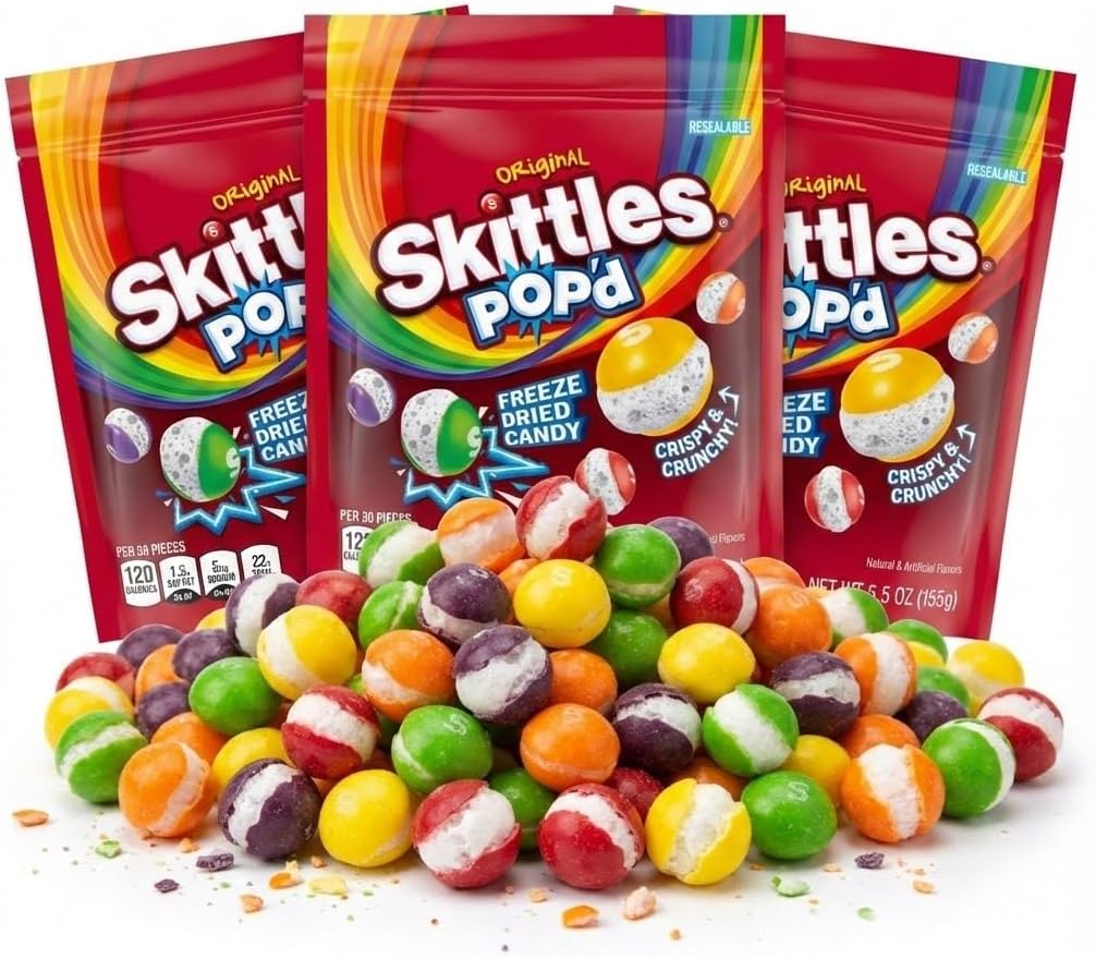 ASSORTIT X Skittles POP’D Freeze Dried Candy, Original Flavors, Crunchy Fruity Candy Snack, Bulk 3 Pack (5.5 Oz Each, Total 16.5 Oz), Resealable Bags