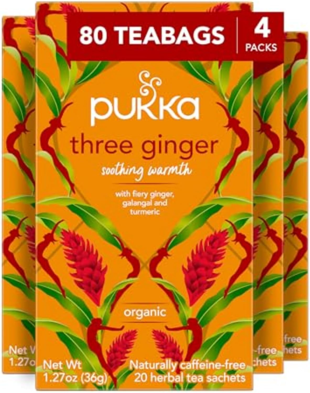 Pukka Three Ginger Organic Herbal Tea, Digestion-Aiding Infusion With Ginger, Turmeric, and Galangal, Tea Gift Set Ideal After Meals, Caffeine Free, 80 Total Bags (20ct - Pack of 4)