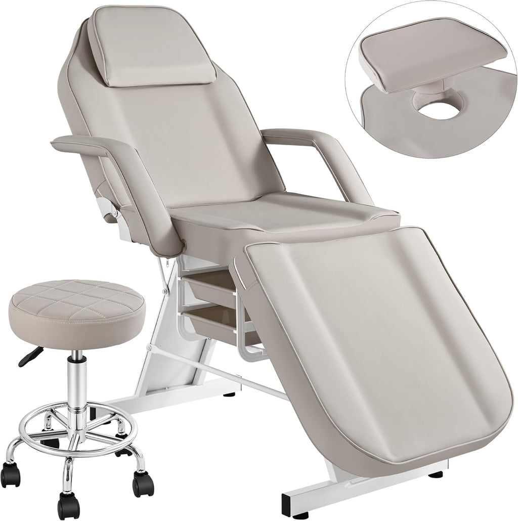 Facial Tattoo Chair, Esthetician Lash Bed Multi-use Tattoo Massage Table for Artist with Hydraulic Stool, 3-Section Beauty Barber Spa Equipment w/Removable Armrests & Headrest, Gray