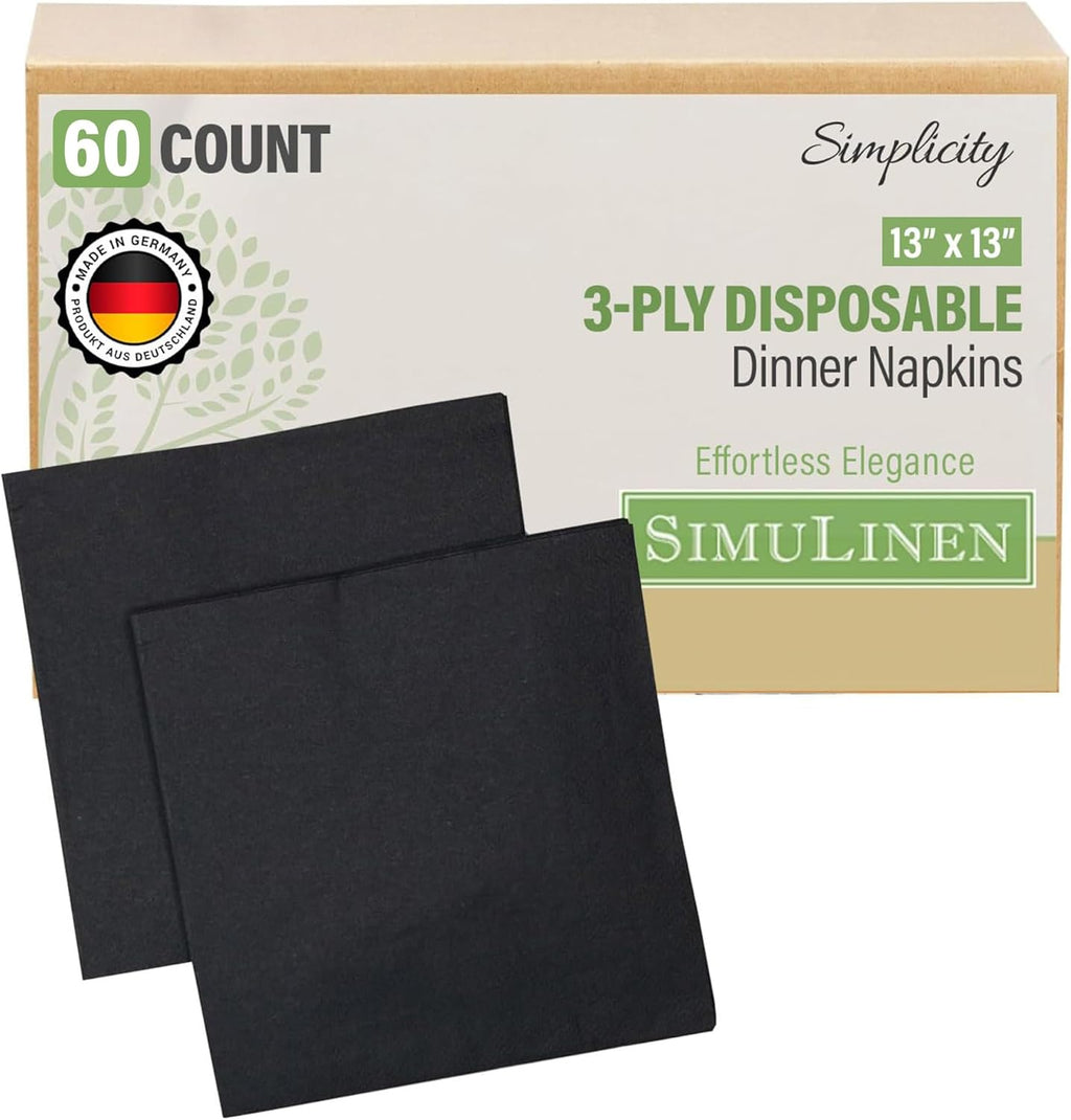 SimuLinen Black Disposable Paper Napkins, 3-Ply, 13in x 13in - 30 Pack - Simplicity Collection, Perfect for Birthday or Dessert Parties