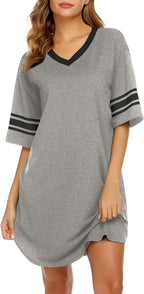 Ekouaer Nightgowns for Women Cotton Night Gown Short Sleeve Sleepwear V Neck Color Block Sleep Shirts Ladies Night Shirts