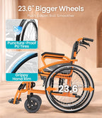 VOCIC Wheelchair for Adults Lightweight Portable Folding Wheelchair for Seniors with Flip-Back Arm Self-Propelled Wheelchair for Seniors with Double-Brake Designwith 23.6-Inch Large Rear Orange