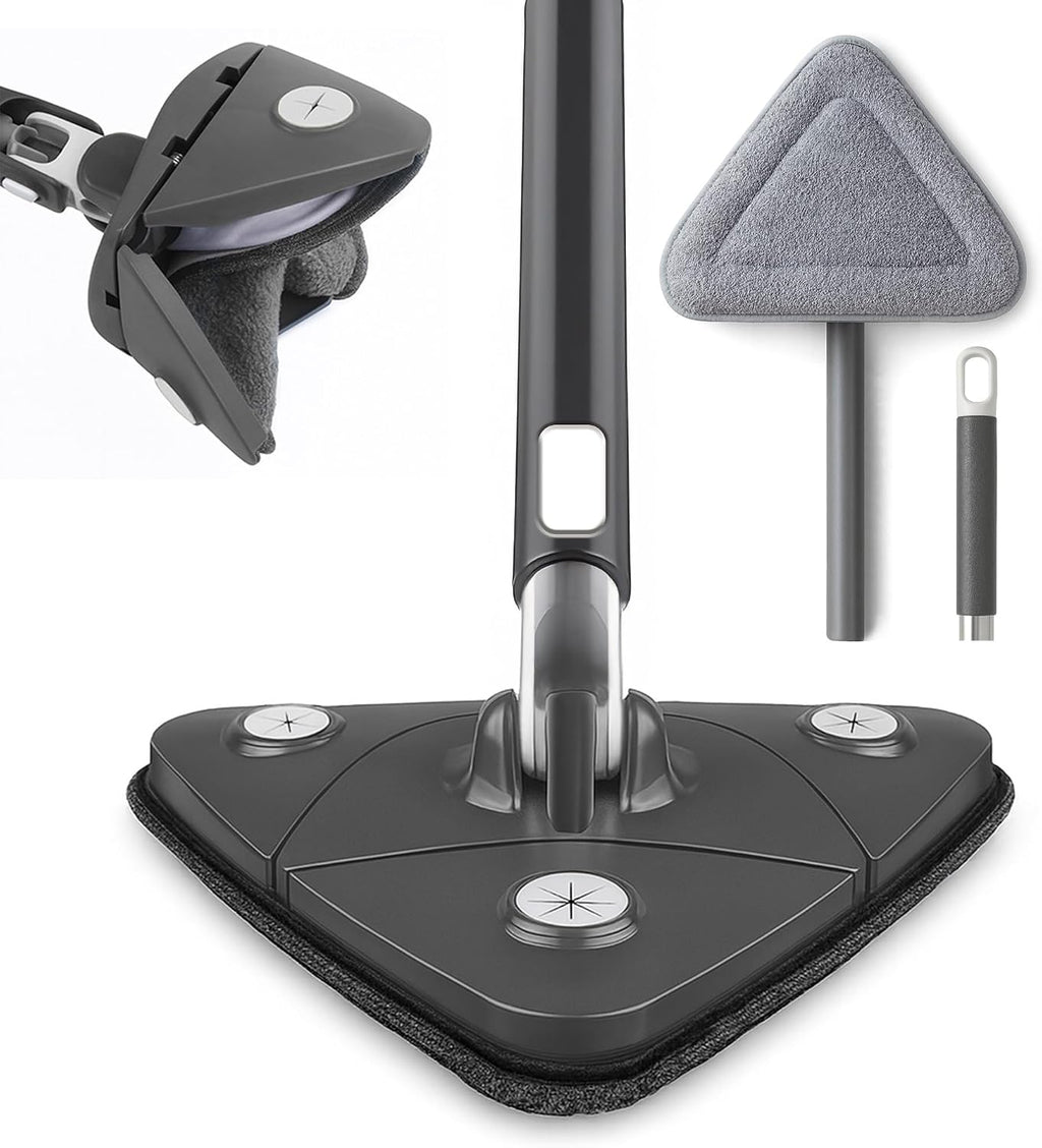 OVENTE Wall Cleaner Mop with 50" Adjustable Handle, Squeegee, Reusable and Easy to Clean Microfiber Pad, 360° Triangular Cleaning Tool Duster for Painted Walls/Baseboard/Window/Floor, Grey CTM311GY
