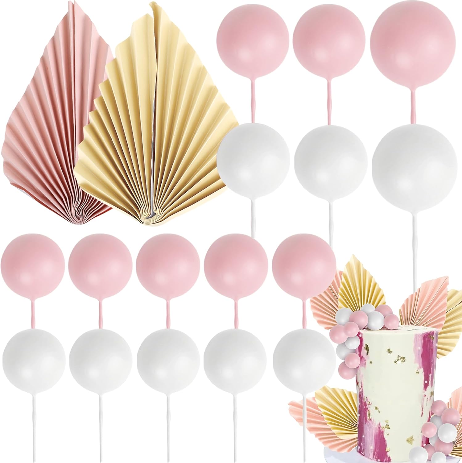 Rsstarxi 28 Pack Balls Cake Toppers Paper Palm Fan Cake Topper Pink Mini Balloon DIY Cake Insert Cake Decorations for Baby Shower Wedding Bridal Shower Birthday Party Cake Decorations