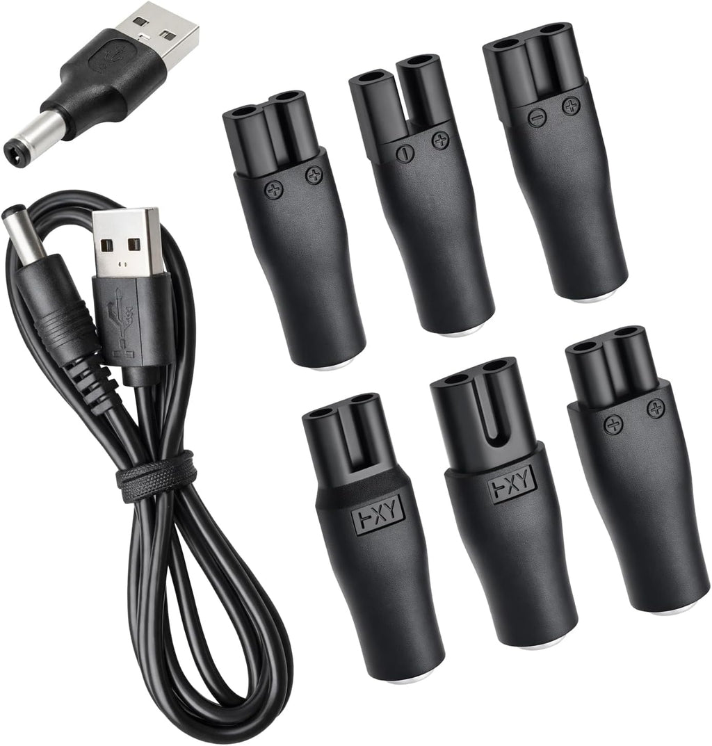 8-in-1 USB 5V Charger Adapter Kit,Compatible with Electric Hair Clippers, Beard Trimmers Charger, Shavers, Beauty Instruments. Includes 6 Adapter Tips, 1 DC5521 Cable, 1 USB Plug