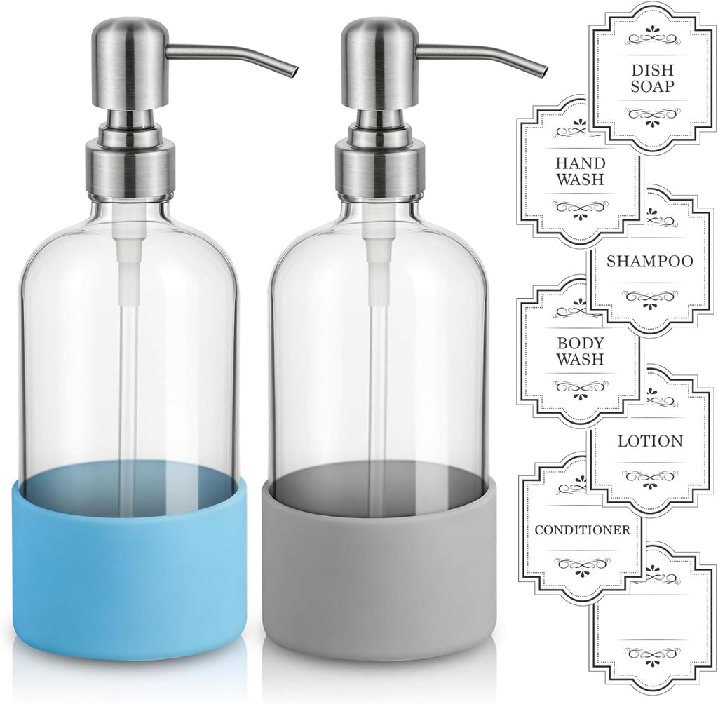 16 oz Hand and Dish Soap Dispenser Set for Kitchen and Bathroom, 500ml Clear Glass Soap Dispenser with Stainless Steel Pump, Non-Slip Silicone Sleeves, Labels - 2 Pack