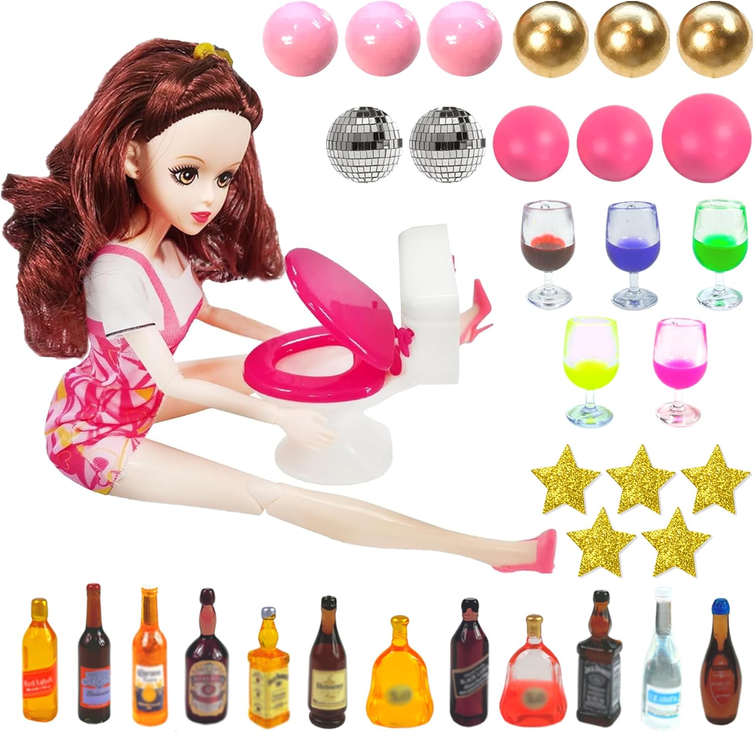 Mini Wine Bottles Cake Toppers With 12 Mini Wine Bottles 5 Mini Wine Glasses 1 Toilet 1 Beauty Doll for Celebrating Birthday Party (Brown)