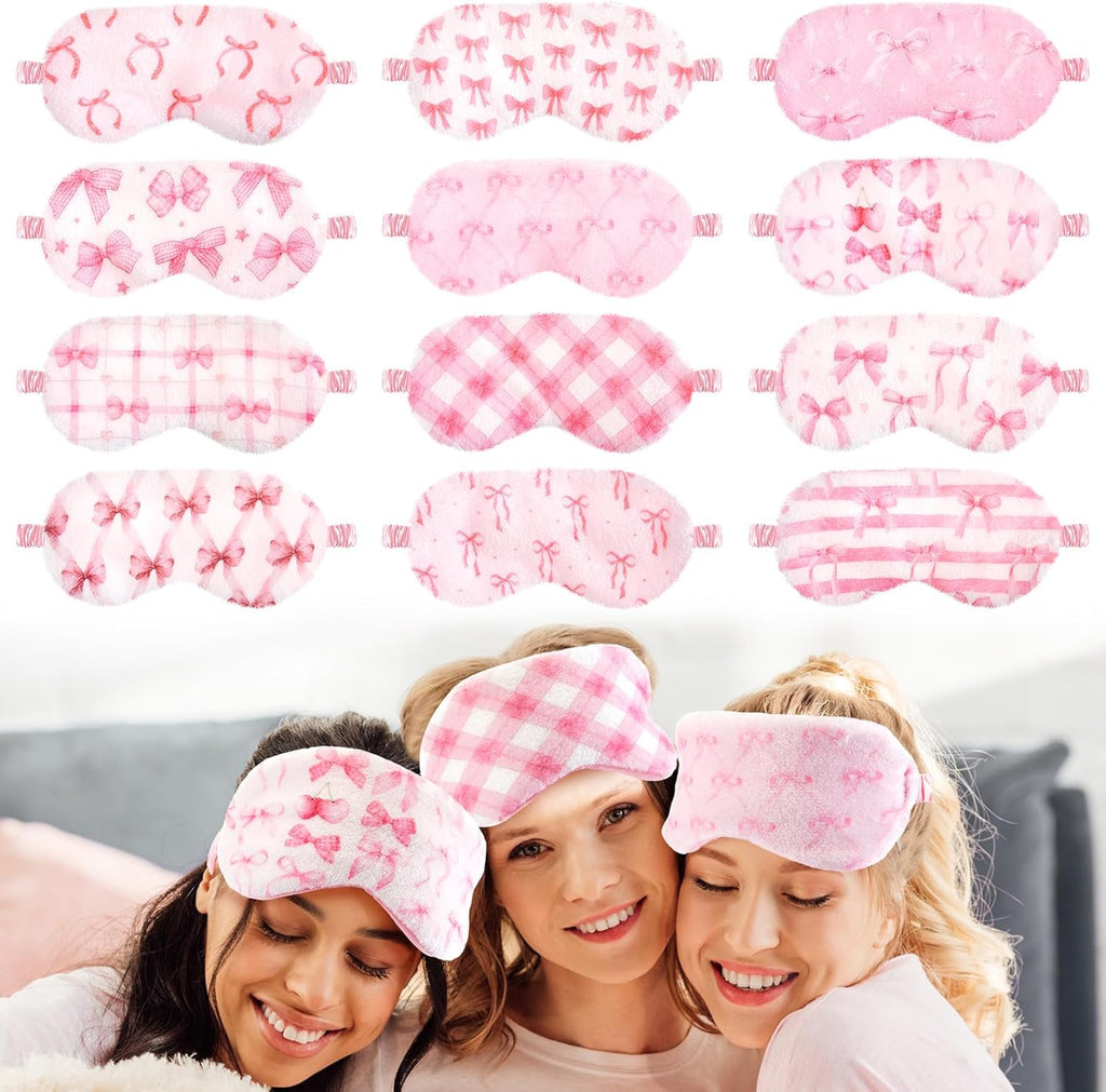 Cuffbow 12 Pcs Plush Sleeping Eye Masks Bulk Comfortable Sleep Eye Cover Mask for Kids Women Men Soft Furry Blindfold Faux Fur Shade for Travel Nap Sleepover Party Supplies (Bow)