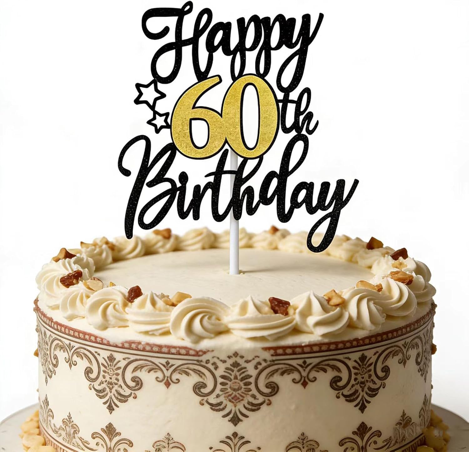 1 PCS Happy 60th Birthday Cake Topper, Black Gold Glitter Cheers to 60 Years Cake Topper, Cake Pick 60th Birthday Cake Decoration for Happy 60th Birthday Anniversary Party Decorations Supplies