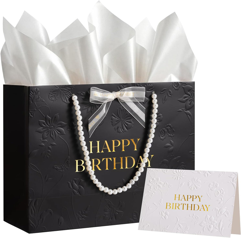 Crisky Black Birthday Bags for Women with Pearl Handles, Tissue Paper and Card, Embossed Floral Design Happy Birthday Gift Bag for Women, Her, Female Friends，Coworkers