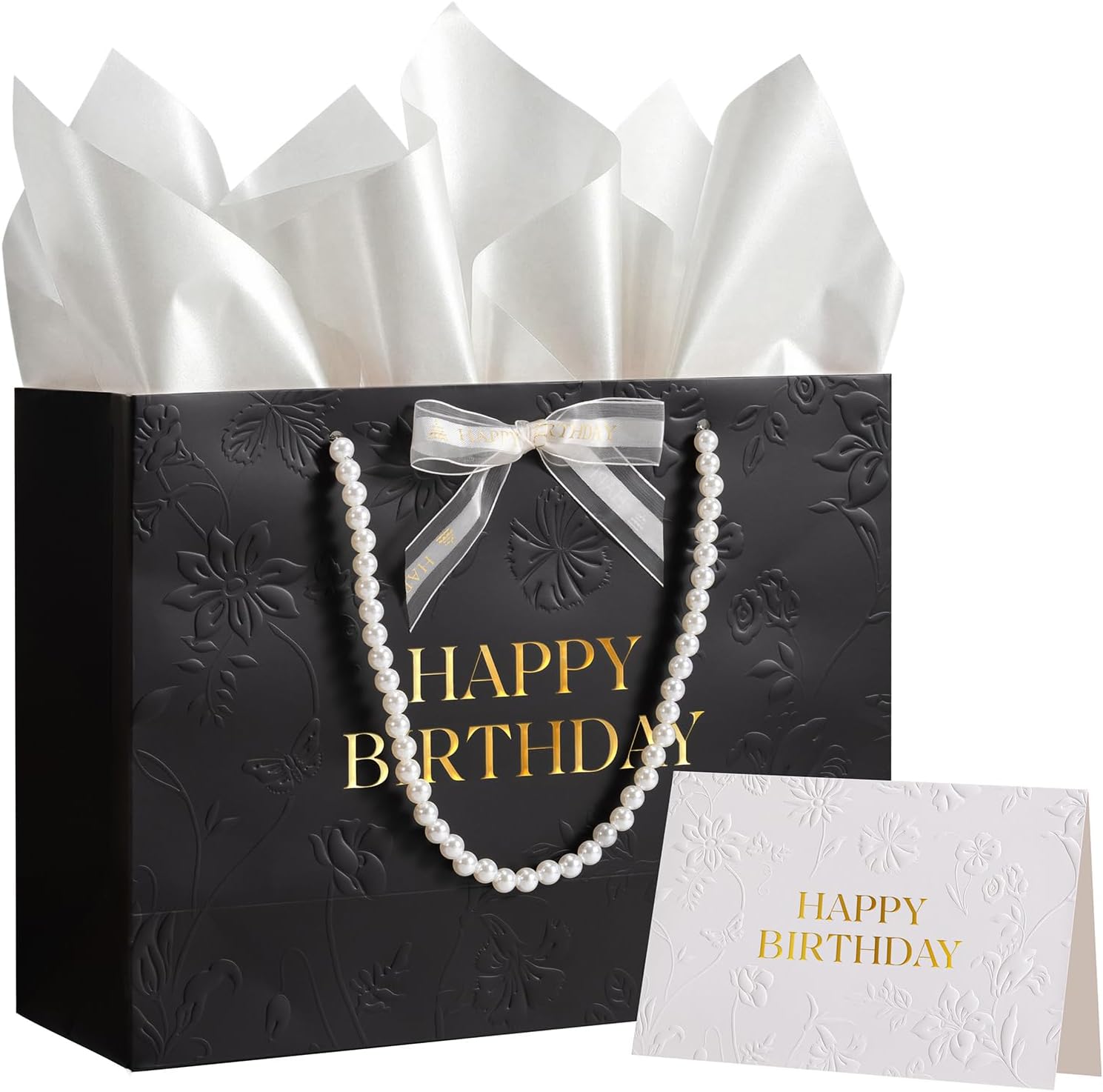 Crisky Black Birthday Bags for Women with Pearl Handles, Tissue Paper and Card, Embossed Floral Design Happy Birthday Gift Bag for Women, Her, Female Friends，Coworkers