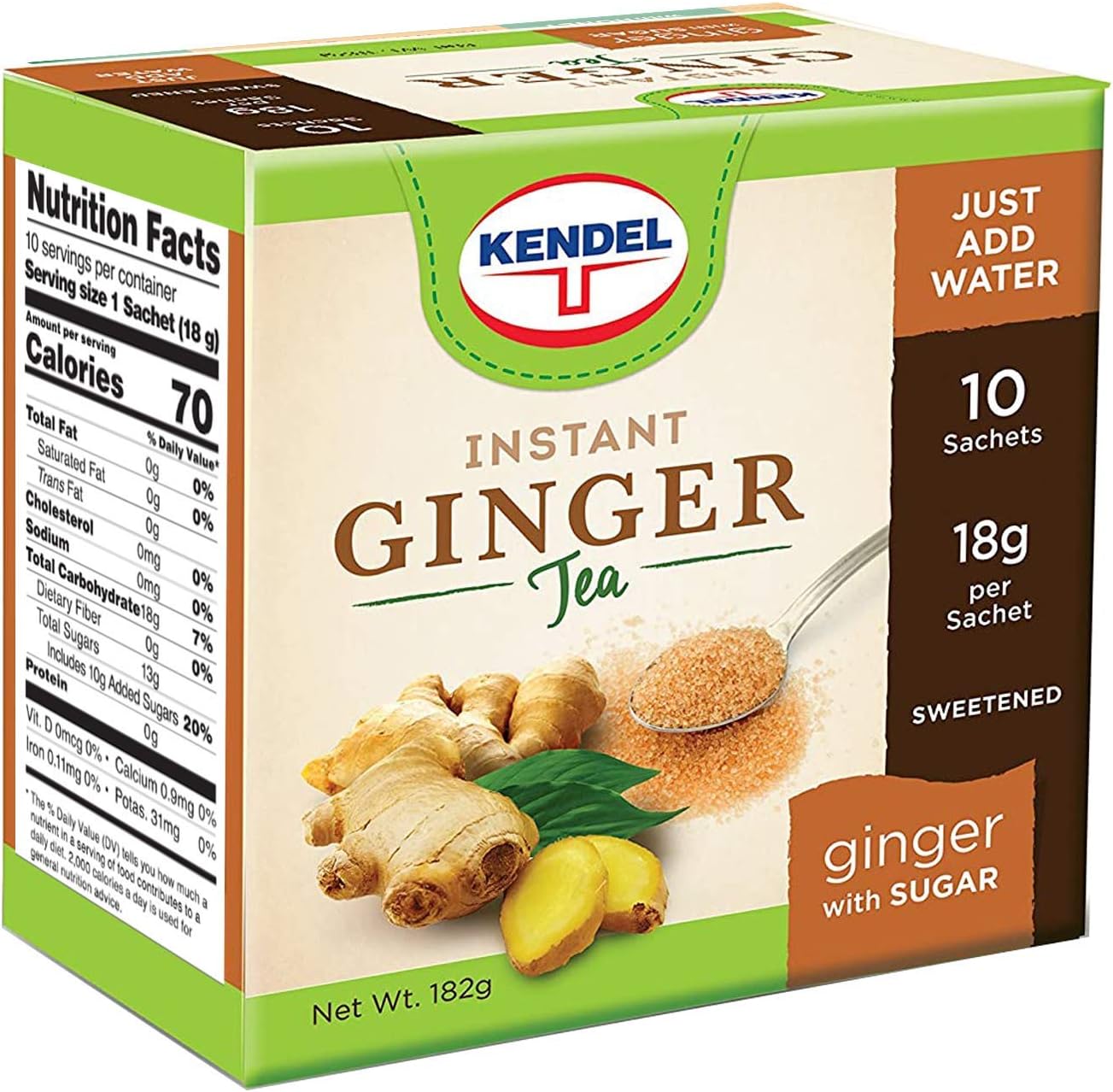 Kendel Instant Ginger Drink with Brown Sugar – Real Ginger Powder Tea – Caffeine Free Warming Beverage – Hot or Cold – 10 Sachets