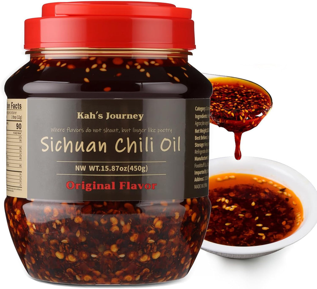 Kah's Journey Original Szechuan Chili Oil - 15.87oz (450g) Spicy Chili Crisp with Crunchy Garlic, Vegan, Sugar Free Hot Sauce, Great for Noodles, Dumplings, Vegetables, Meats