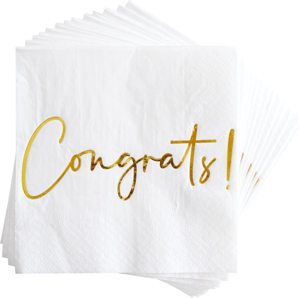 Congratulations Paper Napkins - 50 Pack White Gold Foil "Congrats!" Square Disposable Paper Beverage Cocktail Napkins 5"x5" Perfect for Engagement, Graduation, Baby Shower, Celebration Party