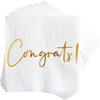 Congratulations Paper Napkins - 50 Pack White Gold Foil "Congrats!" Square Disposable Paper Beverage Cocktail Napkins 5"x5" Perfect for Engagement, Graduation, Baby Shower, Celebration Party