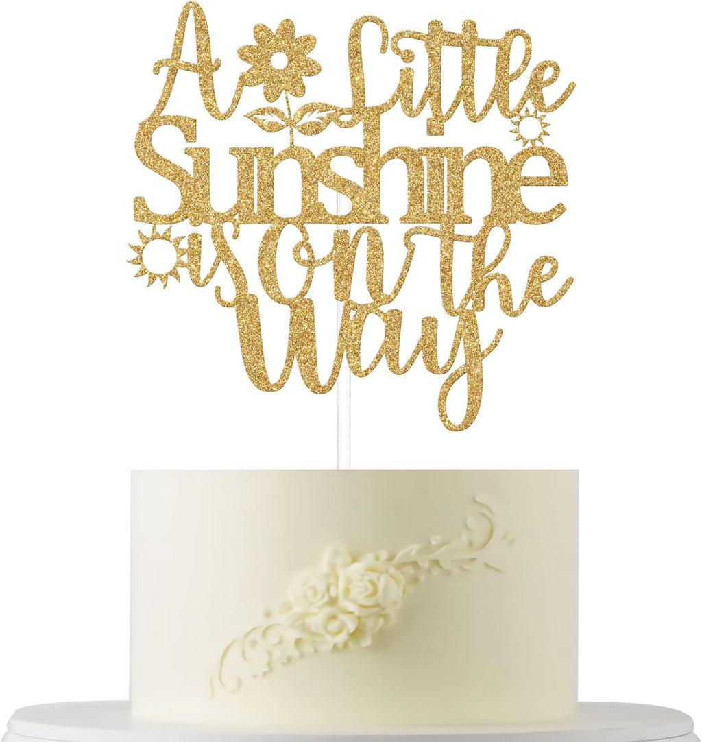 A Little Sunshine is on the Way Cake Topper Gold Glitter, Baby Shower Sunshine Theme Cake Topper, Boy or Girl Gender Reveal Party Supplies, Baby Shower Pregnancy Announcement Sun Theme Party Decor