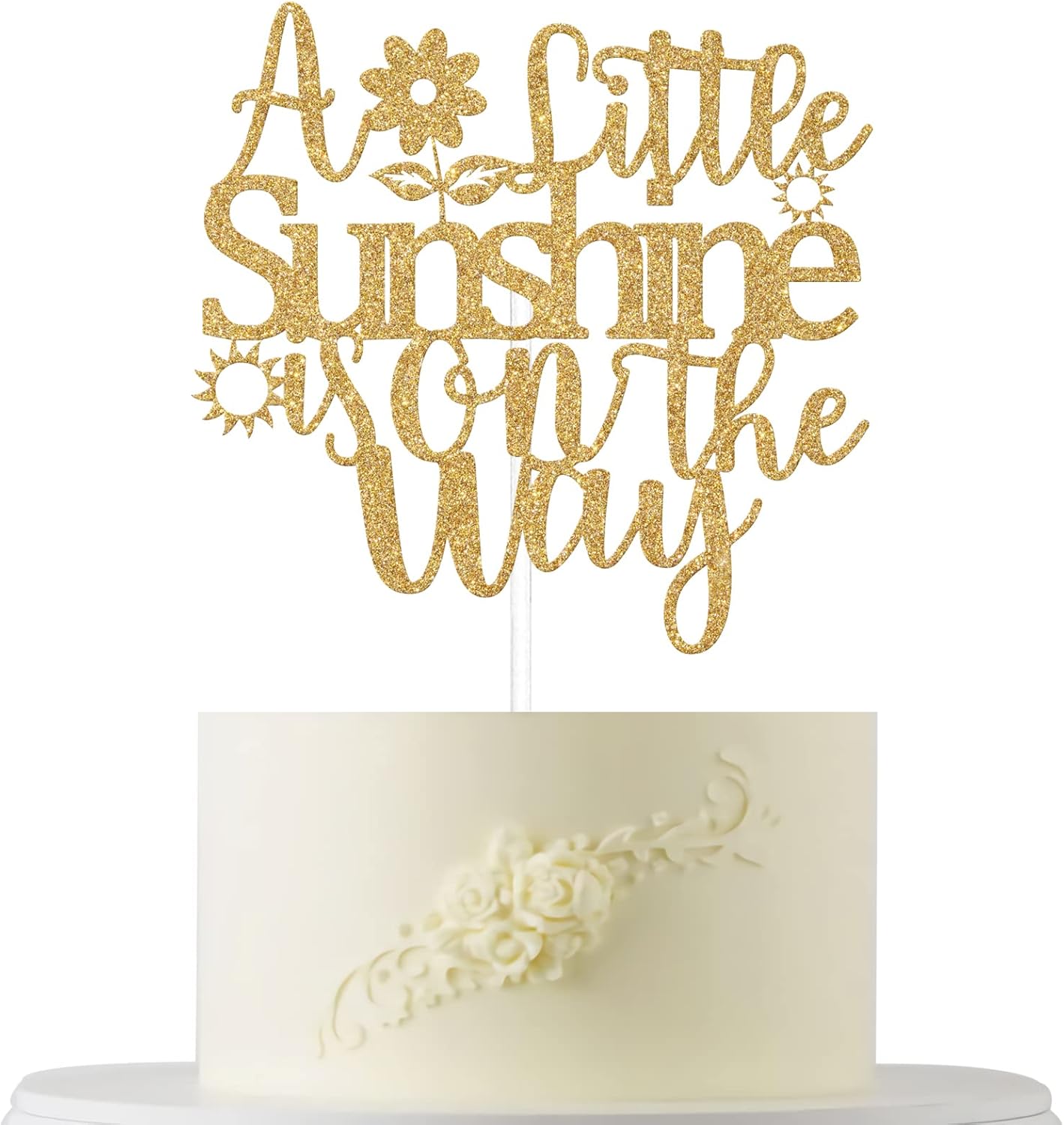 A Little Sunshine is on the Way Cake Topper Gold Glitter, Baby Shower Sunshine Theme Cake Topper, Boy or Girl Gender Reveal Party Supplies, Baby Shower Pregnancy Announcement Sun Theme Party Decor