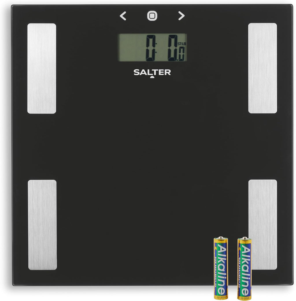 Salter 9150 BK3R Glass Analyser Bathroom Scale - Digital Weighing Scales, Measures Body Weight/Fat/Water/BMI, Accurate Instant Readings, Includes Athlete Mode, Easy to Read, Large LCD Display, Black