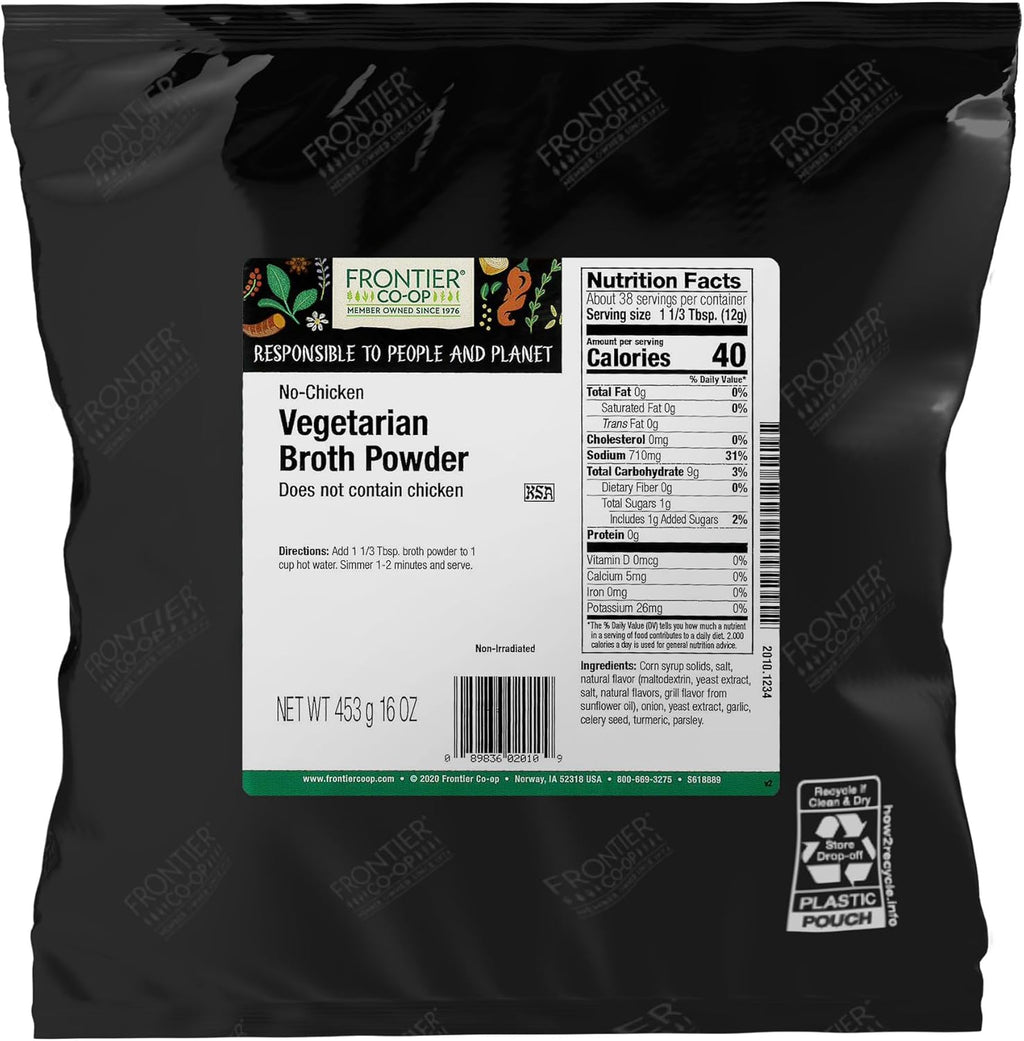 Frontier Co-op Vegetarian Broth Powder, 1lb - Vegan, No-Chicken, Veggie Alternative to Bouillon Powder - Bulk Bag, Shaker Refill, Restaurant Supply