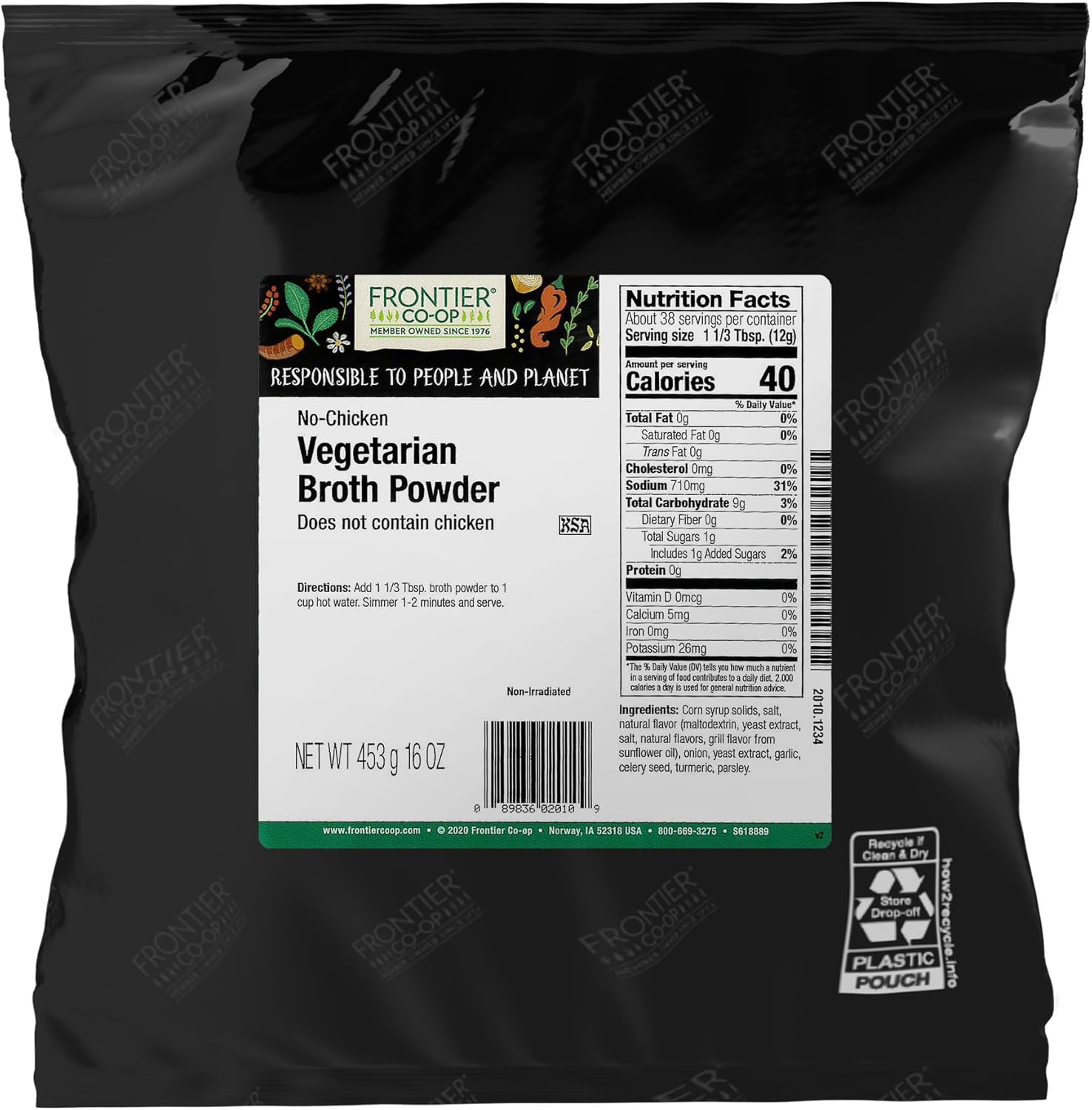 Frontier Co-op Vegetarian Broth Powder, 1lb - Vegan, No-Chicken, Veggie Alternative to Bouillon Powder - Bulk Bag, Shaker Refill, Restaurant Supply