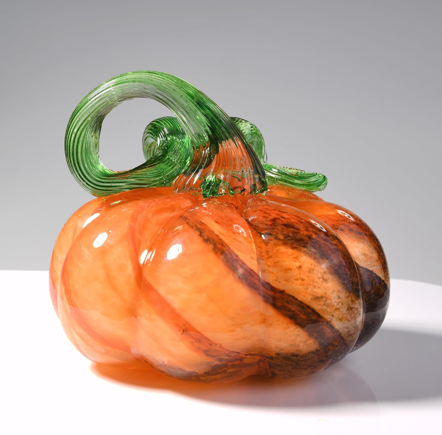 3" Hand Blown Glass Pumpkin Figurine, Large Brown Halloween Crystal Pumpkin Paperweight, Thanksgiving Pumpkins Fall Decorations for Home Table Centerpiece
