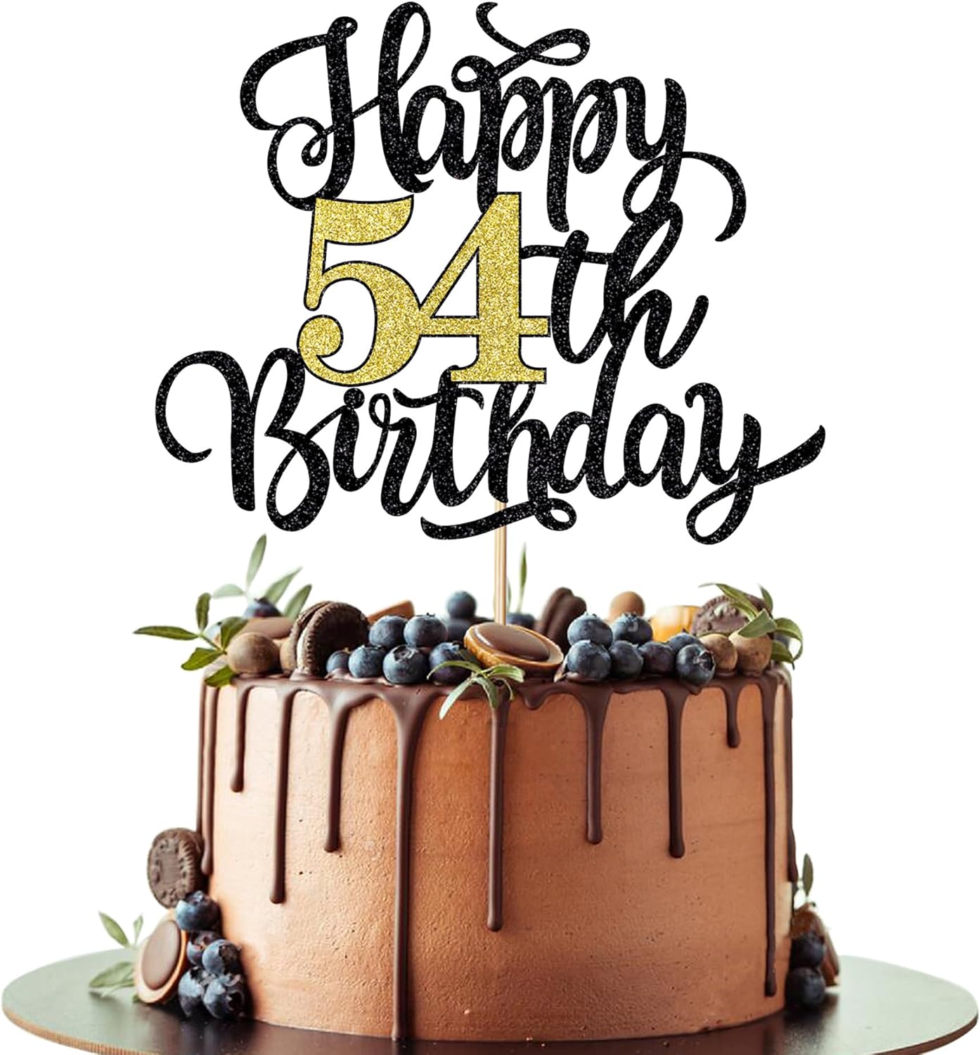 Happy 54th Birthday Cake Topper, Black Gold Glitter Birthday Cake Topper, 54th Anniversary/ 54th Birthday Party Decoration Supplies
