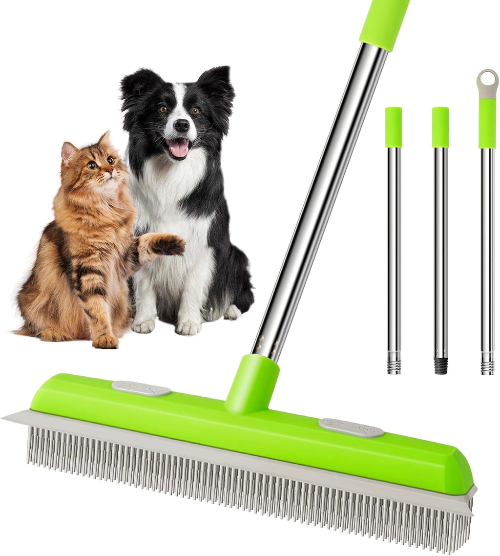 Pet Hair Removal Rubber Broom, Carpet rake with Squeegee for Cleaning Pet Hair, 52 inch Long Handle Rubber Broom,Dual-Sided for Fluff Carpet, Hardwood Floor, Tile,Green